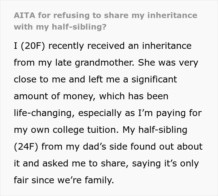 Text discussing a 20-year-old refusing to share inheritance with stepsibling, addressing family pressure and accusations of selfishness.