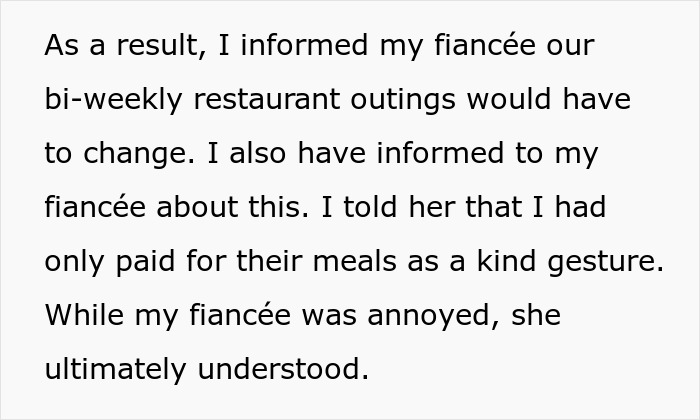 Text about a man discussing changes to restaurant dinners with his fiancée after discovering minimal tipping habits.