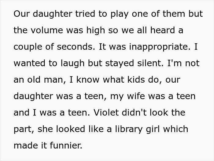 Text describing a humorous family moment involving a daughter's loud, inappropriate prank.