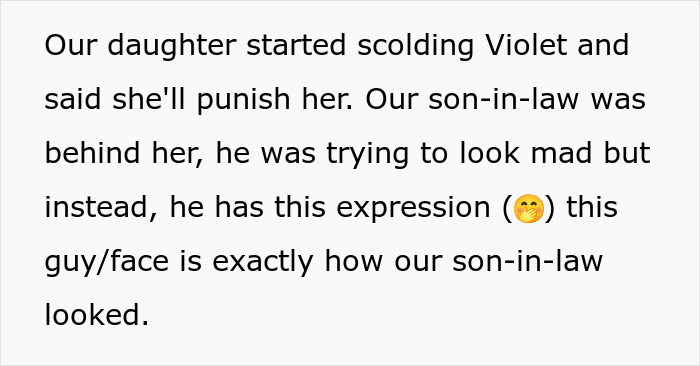 Text about a daughter scolding Violet, with a son-in-law trying to look mad but having a pondering expression.