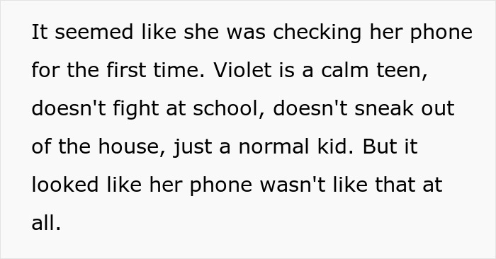 Text about a calm teen, Violet, checking her phone, describing her as a regular kid.