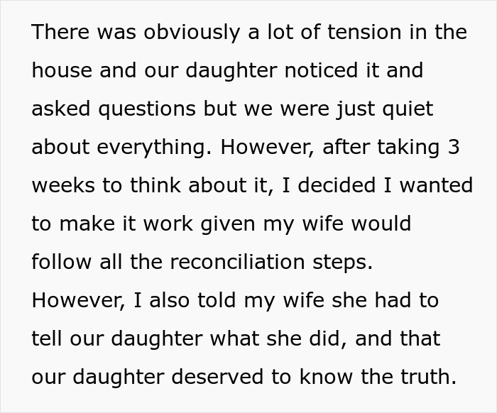 Text about husband's condition for forgiving wife's affair, focusing on family truth-sharing.