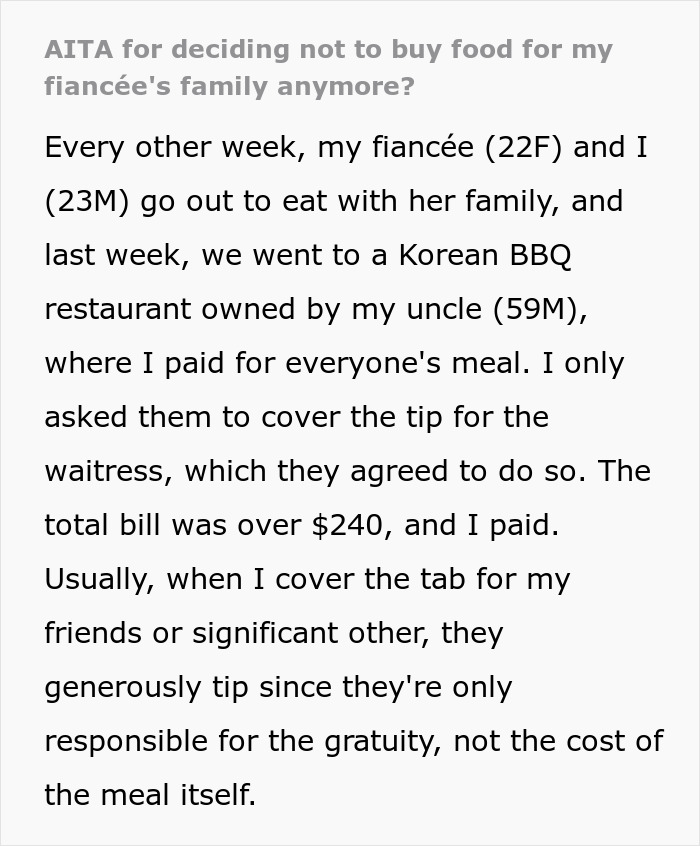 Text message about a man refusing to pay for fiancée's family dinners due to their small tips.