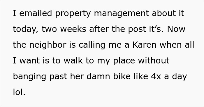 Guy Sick Of Lady's Bike Blocking Hall, Gets It Removed By Property Management As She Won't Listen