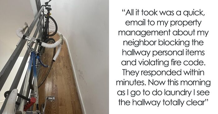 Woman Blocks Narrow Hallway With Her Bike, Won’t Remove It When Asked, Guy Reports It To Management