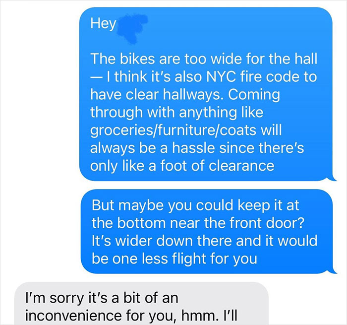 Guy Sick Of Lady's Bike Blocking Hall, Gets It Removed By Property Management As She Won't Listen