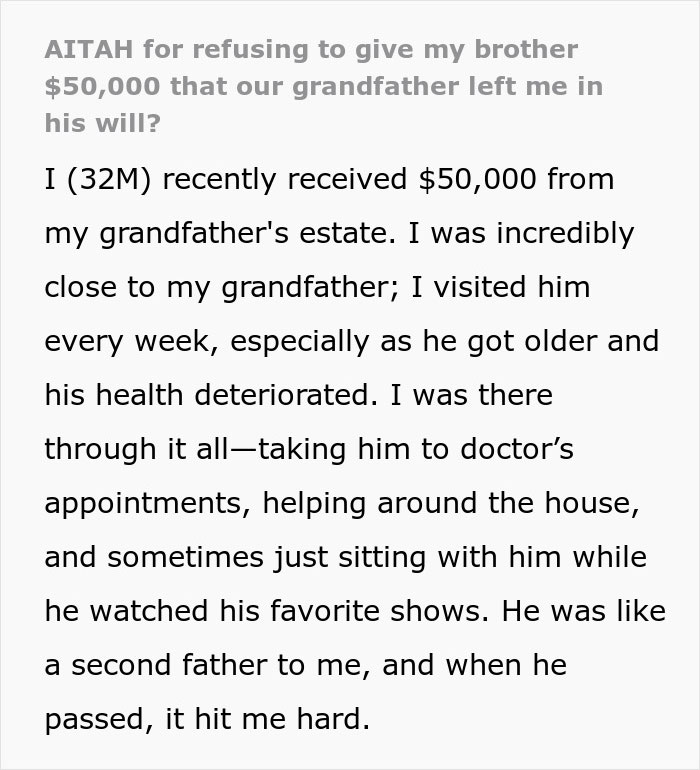 Man Receives $50,000 From His Grandfather, Refuses To Split The Inheritance With His Brother