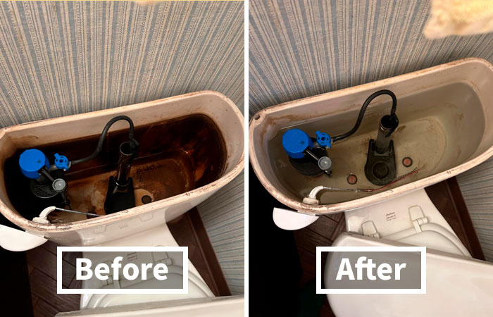 This Toilet Tank Cleaner Has Made A Big Impact By Removing Years Of Built-Up Dirt And Grime From Toilet Tanks