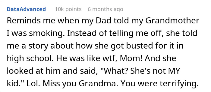 Text exchange about a grandmother defending her grandchild against her own son.