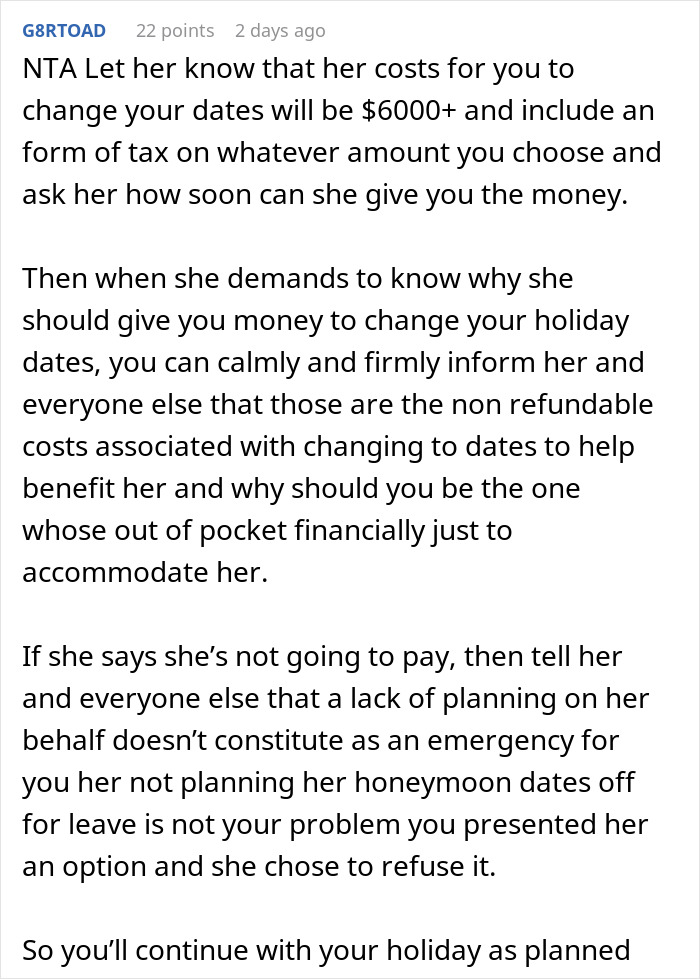 Person Plans Vacation Almost A Year In Advance, Is Chastised For Refusing To Switch With A Bride