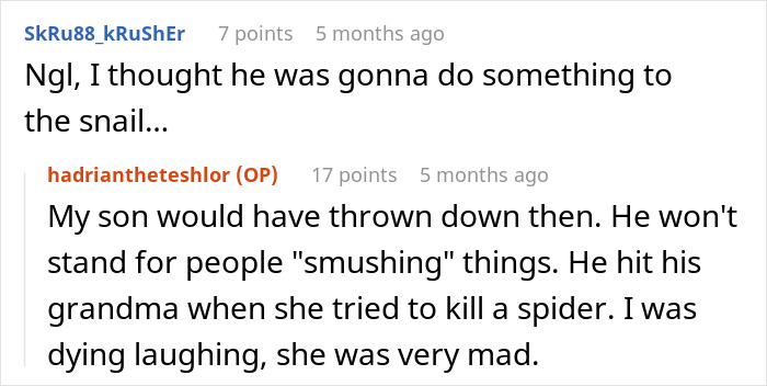 Comments discussing a child defending snails and spiders from harm.