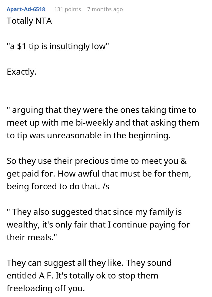 Screenshot of a Reddit comment discussing refusal to pay for dinners due to low tips given by fiancée's family.