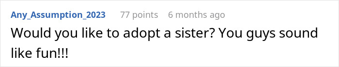 Comment about adopting a sister with 77 points, discussing parenting dynamics.