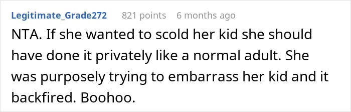 Reddit comment criticizing a mom's public scolding of her daughter, calling it an embarrassing backfire.