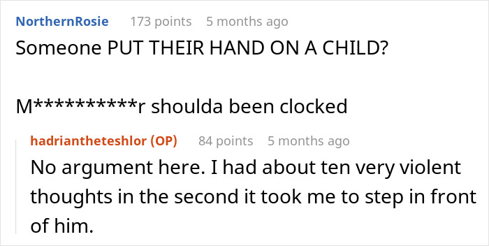 Reddit comments reacting to a child being pushed, with expressions of anger and protection.