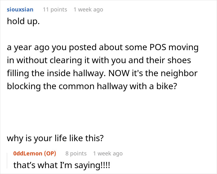 Guy Sick Of Lady's Bike Blocking Hall, Gets It Removed By Property Management As She Won't Listen