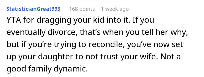 Comment discussing impact of revealing an affair to a daughter, suggesting it damages family trust and dynamic.