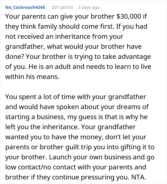 Man Receives $50,000 From His Grandfather, Refuses To Split The Inheritance With His Brother