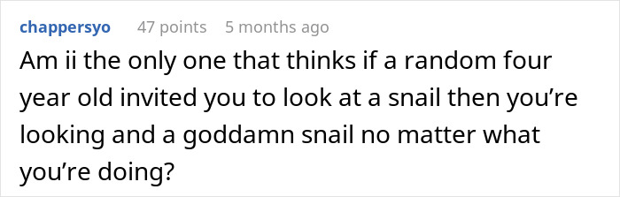 Reddit comment discussing 4YO showing a snail, emphasizing importance of noticing small wonders.