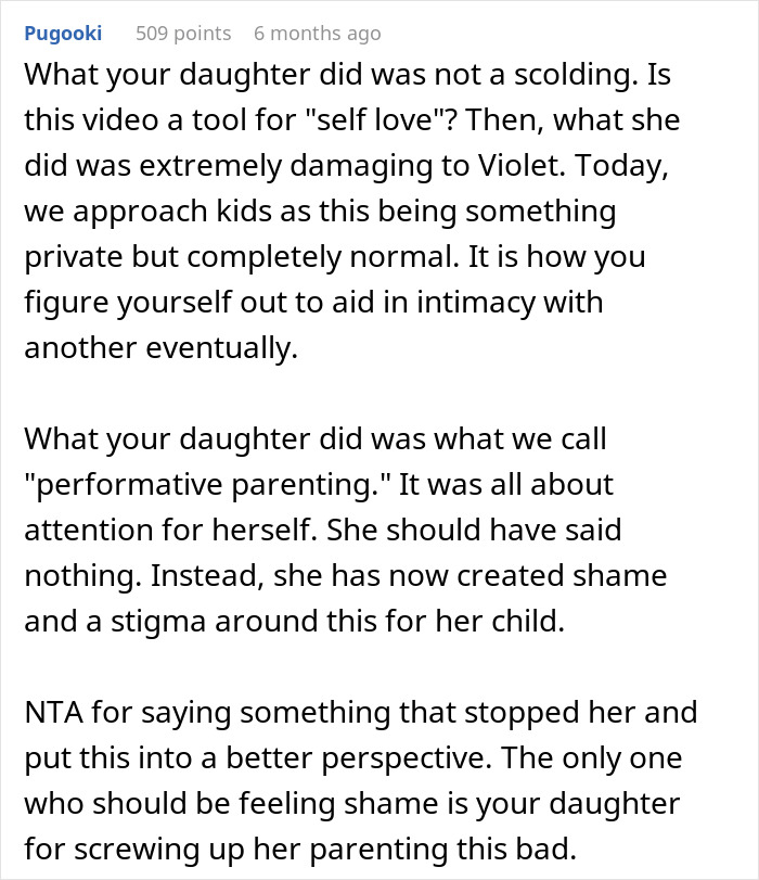 Comment discussing parenting and the effects of performative scolding.