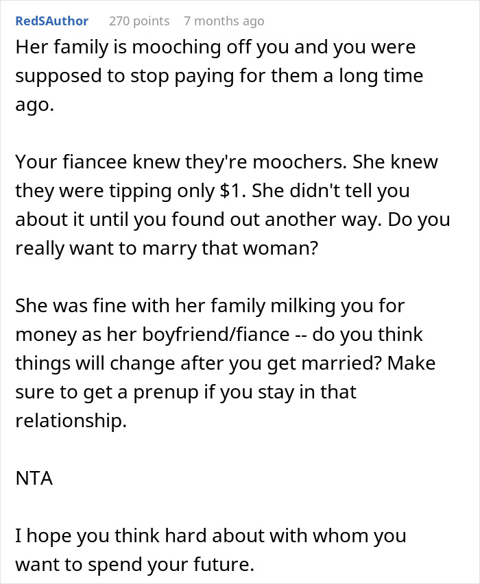 Text comment discussing a man refusing to pay for fiancée's family dinners due to their $1 tipping habit.