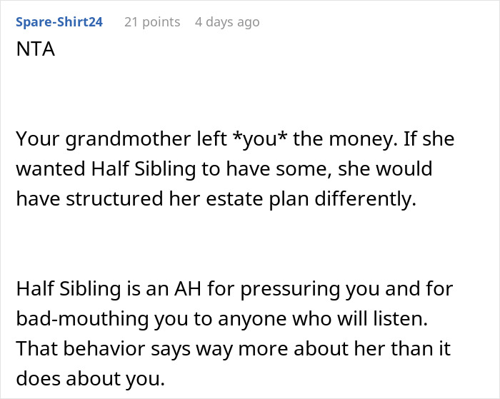 Text post discussing family manipulation over inheritance money, with supportive comments for a 20-year-old.