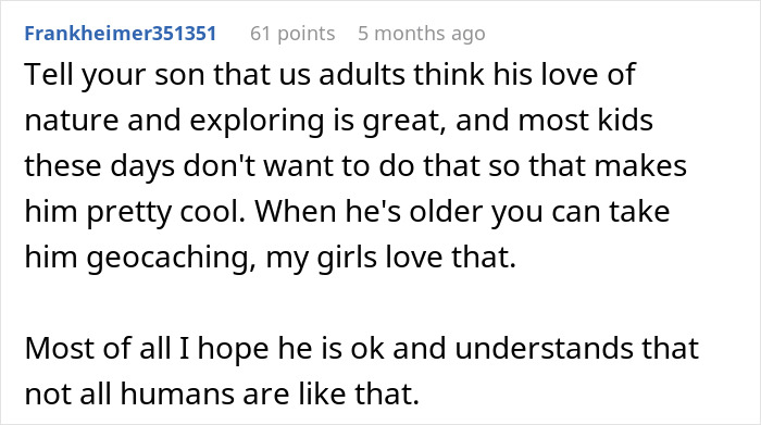 Reddit comment praising child's love of nature and reassurance about people's behavior.