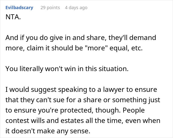 Reddit comment advising against sharing inheritance due to potential legal issues.