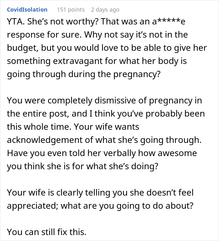 “AITAH For Telling My Wife She Is Not Worthy Of What She’s Asking For For Her ‘Push Present’?”