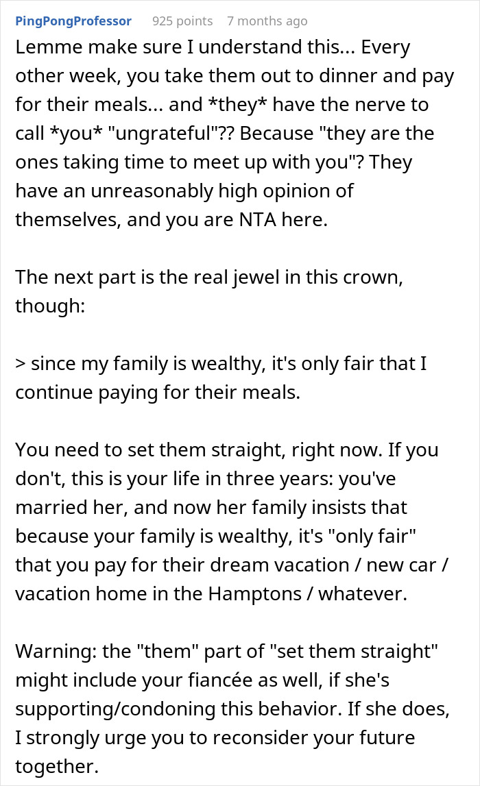 Reddit comment criticizing relationship dynamics over treating fiancée's family to dinners and tipping issue.