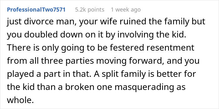 A Reddit comment advises on family issues related to a wife's affair and child involvement.