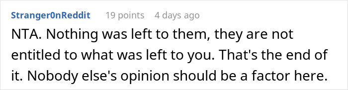 Reddit comment about inheritance, stating that only the rightful recipient is entitled to it.