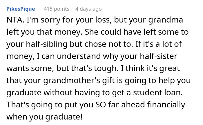 Comment defending a 20-year-old's refusal to share inheritance with stepsister.