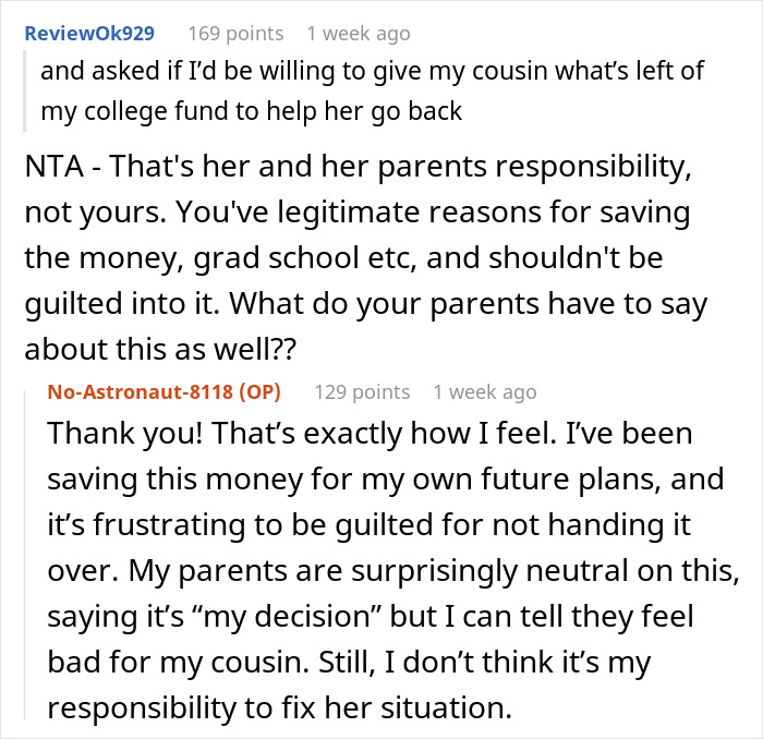 “AITA For Refusing To Give My Younger Cousin My College Fund Because She ‘Needs It More’?”