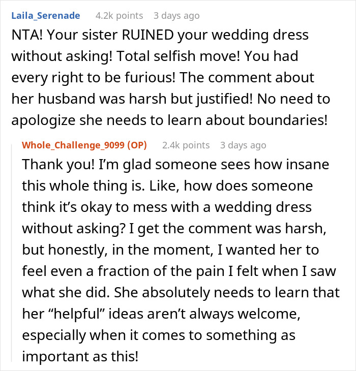 Woman Secretly Dyes Sister's Wedding Dress: "I Hope Your Husband Cheats On You"