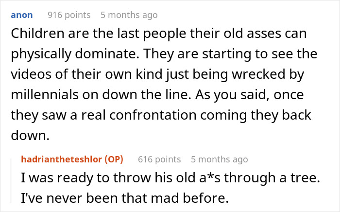 Reddit comments about a confrontation involving a child and an older man, discussing reactions and emotions.