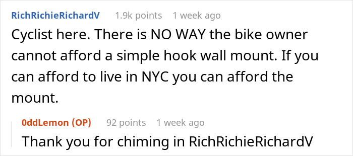 Guy Sick Of Lady's Bike Blocking Hall, Gets It Removed By Property Management As She Won't Listen