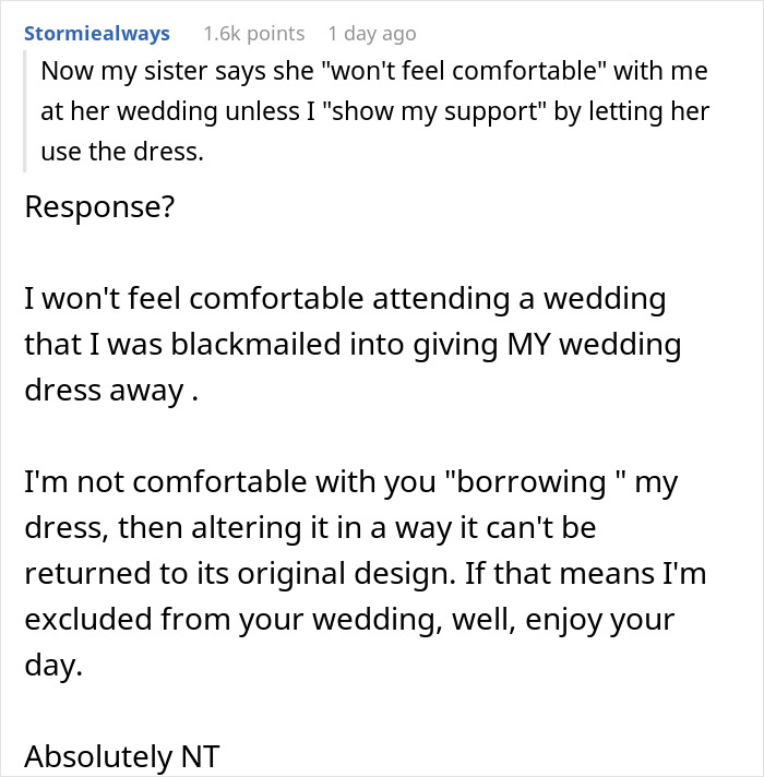 Woman Wants To Ruin Sister’s Dress For Her Wedding, Gets Upset When She’s Told ‘No’