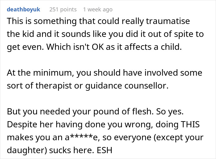 Reddit comment discussing the impact of a husband's ultimatum on a child after a wife's affair.