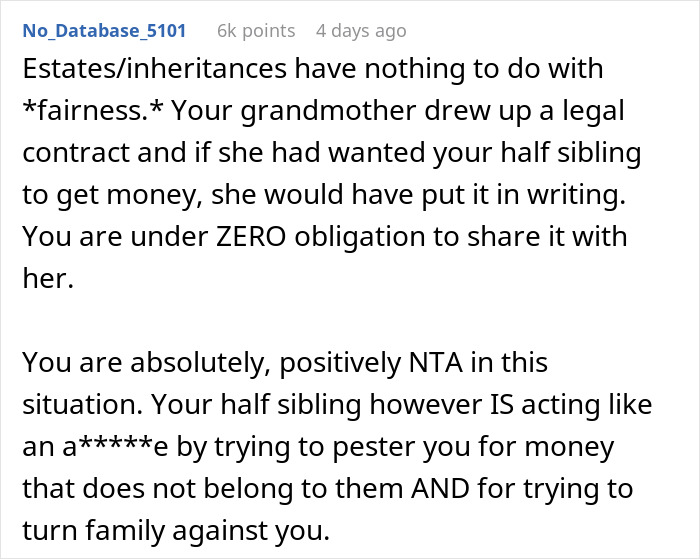 Text response asserting no obligation to share inheritance, supporting refusal against family manipulation.