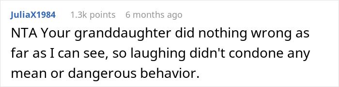 Comment discussing a grandmother defending her granddaughter's behavior during a scolding incident.