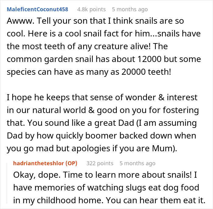 Reddit comment thread about a child's interest in snails and a dad's reaction.