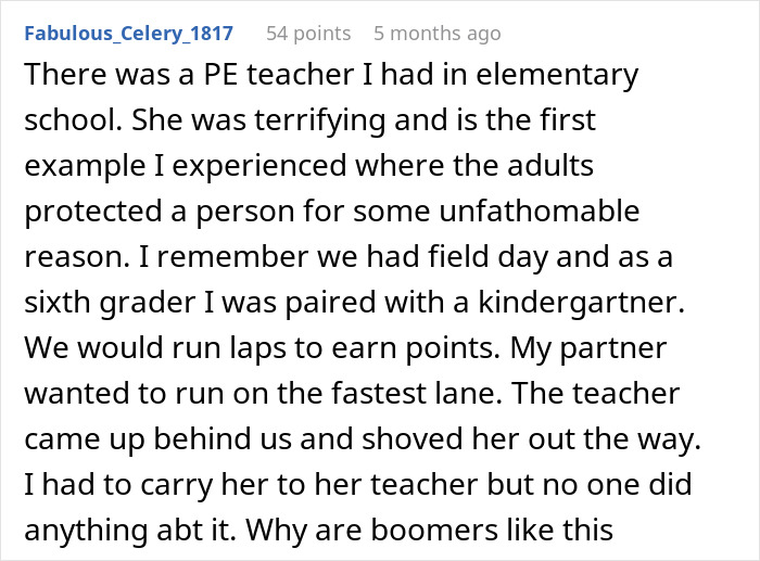 Reddit comment about a PE teacher pushing a child, dad reacts to the situation.