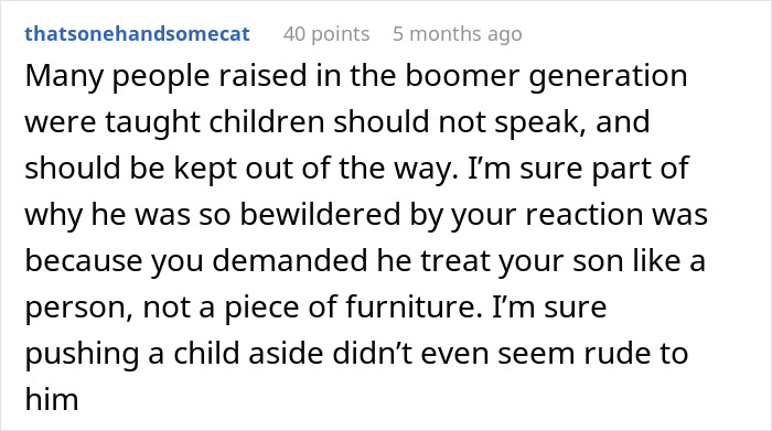 Comment discussing generational views on children's behavior and treatment, highlighting a specific incident.