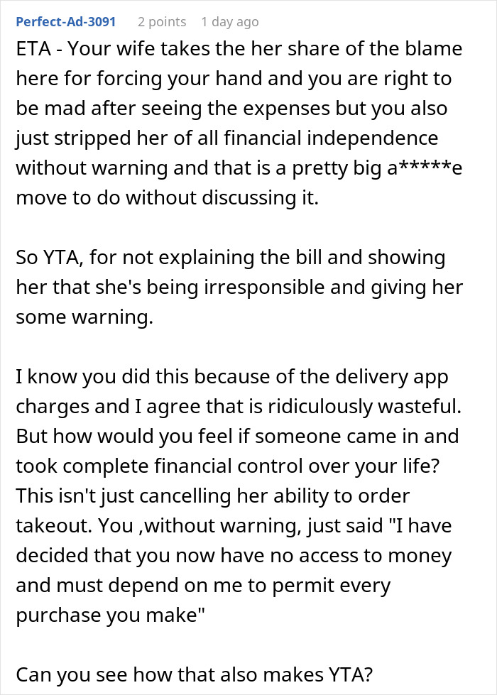 “She Spent $1,176”: Wife's Daily Takeout Orders Push Man To His Limit, Financial Lockdown Ensues