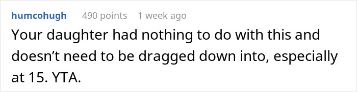 Reddit comment criticizing involving a daughter in a marital affair situation.