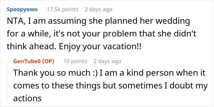 Person Plans Vacation Almost A Year In Advance, Is Chastised For Refusing To Switch With A Bride