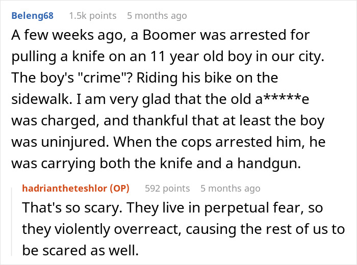 Text exchanges about a Boomer arrested for pulling a knife on an 11-year-old boy riding a bike on the sidewalk.