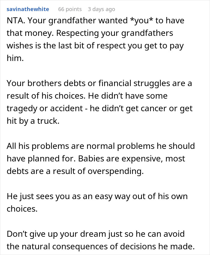 Man Receives $50,000 From His Grandfather, Refuses To Split The Inheritance With His Brother