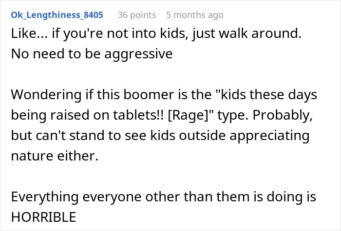 Comment discussing older man's reaction to child showing a snail and societal attitudes towards kids.